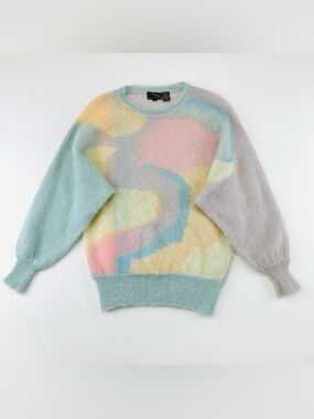 80s Vintage pastel mohair sweater womens Medium round neck abstract